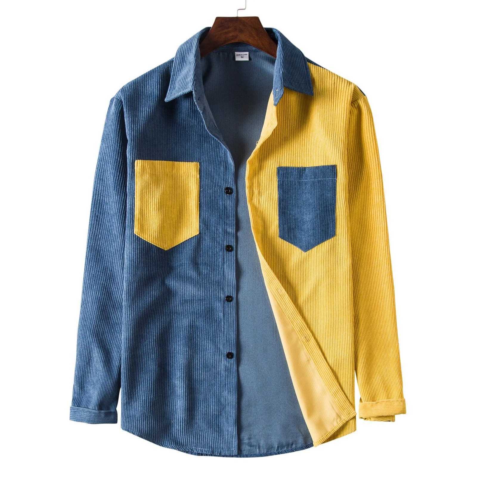 Splicing Color Blocking Lapel Shirt Corduroy Single Breasted Shirt Fashionable And Trendy Long Sleeved Top MenS Casual Shirt M260305