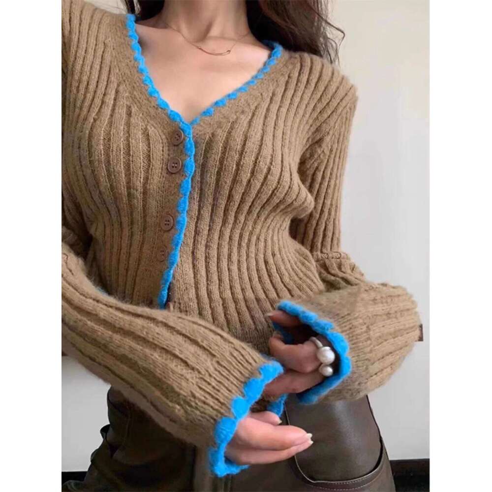 Ribbed Knit Button Up Cardigan for Women Long Sleeve Contrast Hem Crop Top Sweater Jacket Teen-girl Y2K Outfit XJ260305