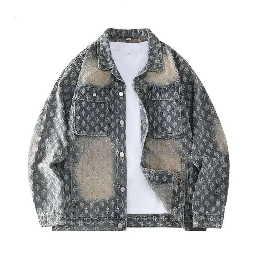 European Style Hot-Selling High Street Fashion Retro Distressed Washed Jacquard Denim Trendy Shirt Coat Spring Autumn Jacket