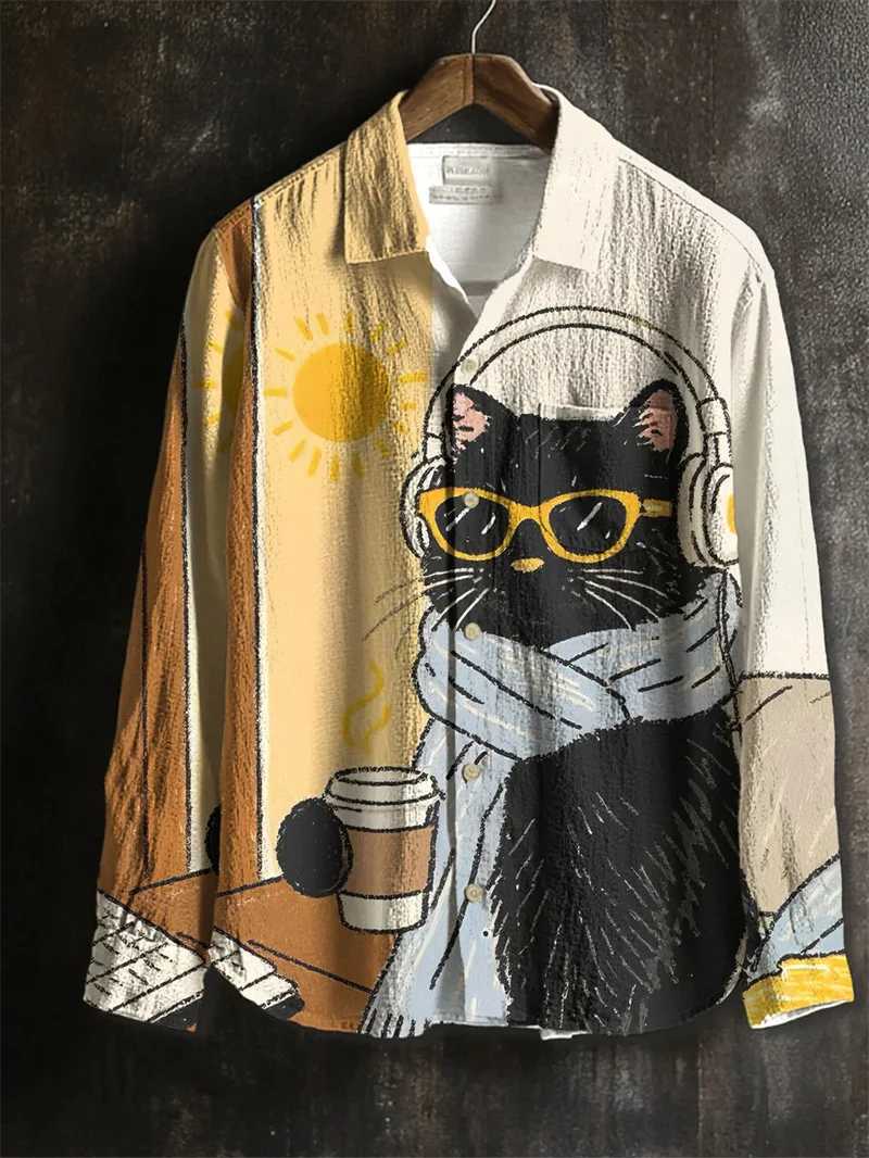 New mens linen long sleeved shirt casual shirt 3D animal print long sleeved fashionable and comfortable top M260305