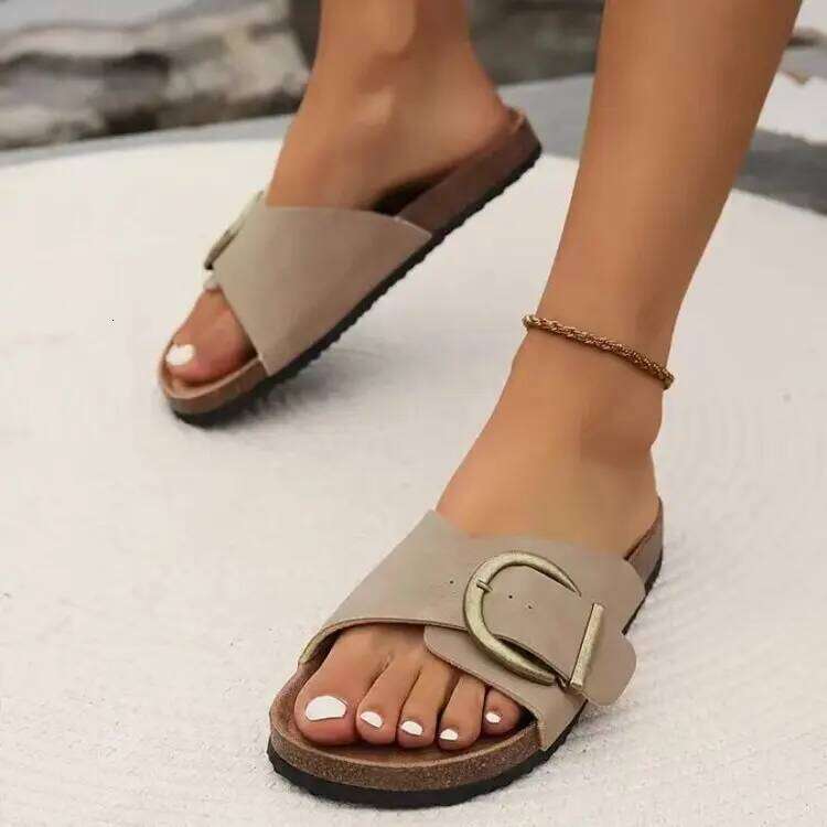 Kidmi 2025 Cork Sole Women Single Buckle Flip Flops Open Toe Beach Sandals Leisure Fashion House Slippers
