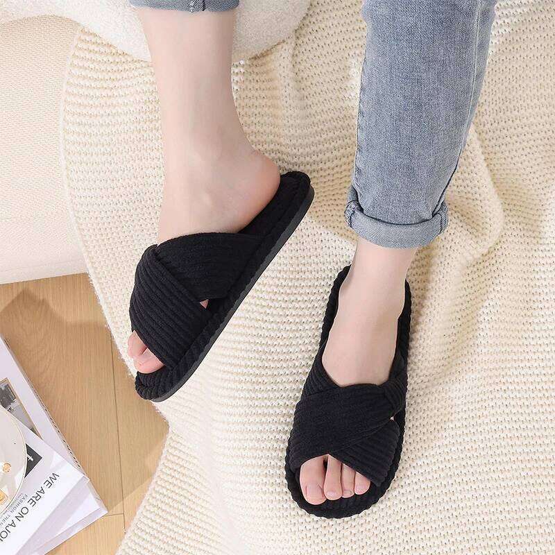 Kidmi House Corduroy Cross Bow Outdoor Slippers Fashion Open Toe Slip On Bedroom Shoes with Memory Foam for Women