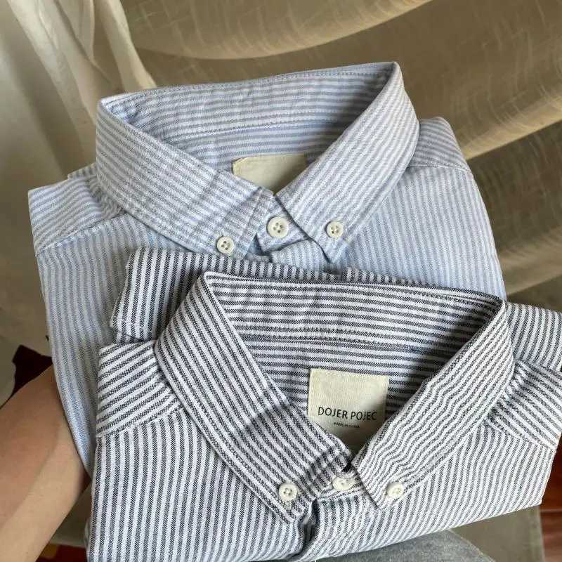 Retro Japanese Versatile Wash Striped Shirt Oxford Spinning Men and Women Casual Long-sleeved Shirt Clothes M260305