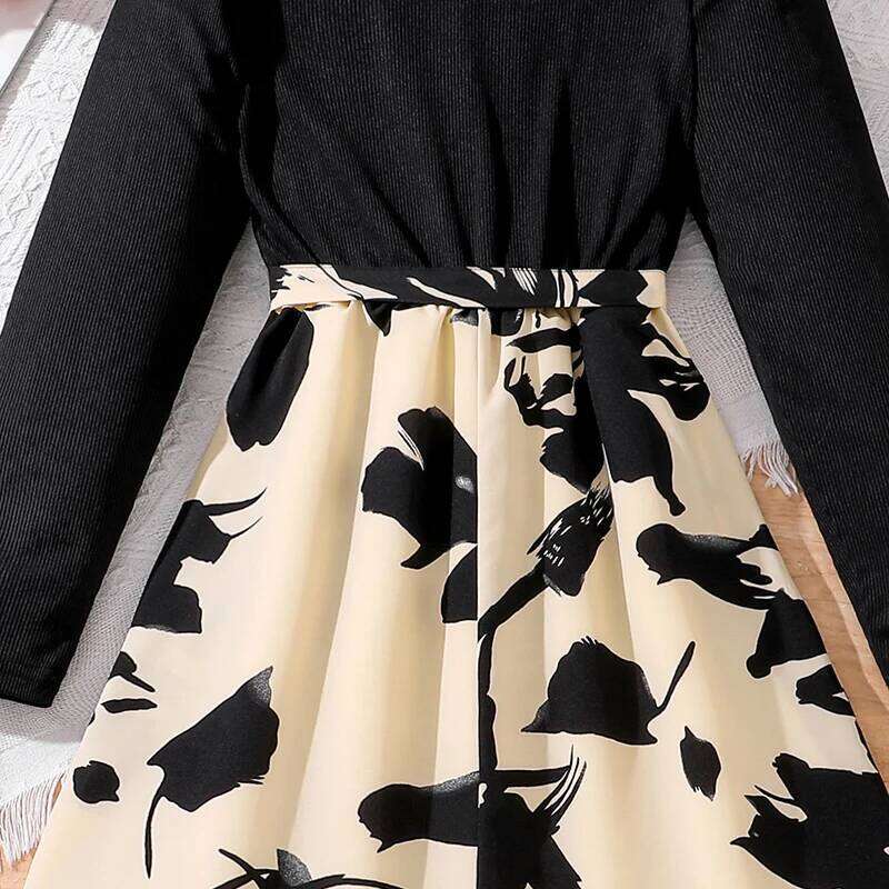 Kid Girl Long Sleeve Black Round Neck Patchwork Ink Painting Dress 8-12 Years Elegant Vintage Casual Kids Autumn Dresses Z260304