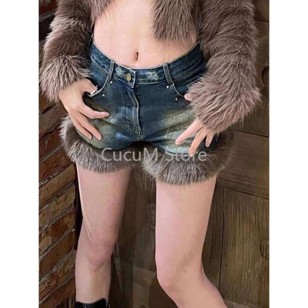 American Washed Fluffy Rivet Jeans Shorts for Women Autumn Winter New Denim Y2k E-Girl High Waist Hot Short Pants XJ260305