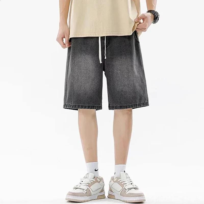 Men Casual Denim Shorts Male Comfortable Elastic Waist Straight Leg Soft Short Pants Light Blue Loose Baggy Wide Leg Jeans 260228