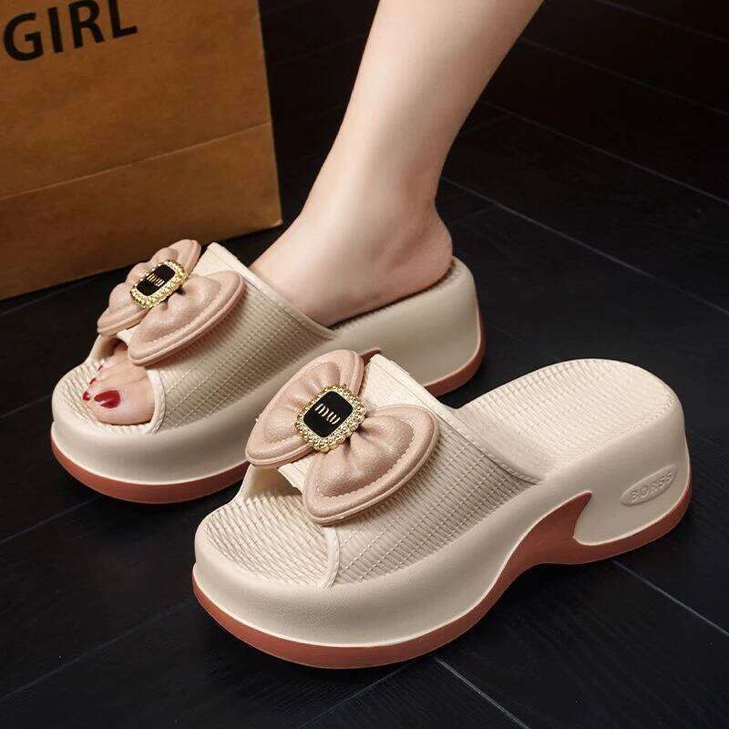 Kidmi EVA High-value Versatile Womens Round Head Slippers Summer New Fashion Thick-soled Elevated Bow Flip-flops