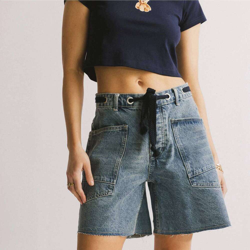 New Fashion Womens Summer Bandage Denim Wide Leg Streetwear Jeans Shorts With Pockets Hot Sale S-XL XJ260305