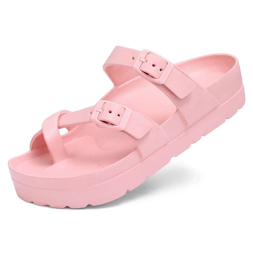 Kidmi Women's Comfort Slides Double Buckle Adjustable EVA Flat Summer Platform Vacation Pool Shower Sandals