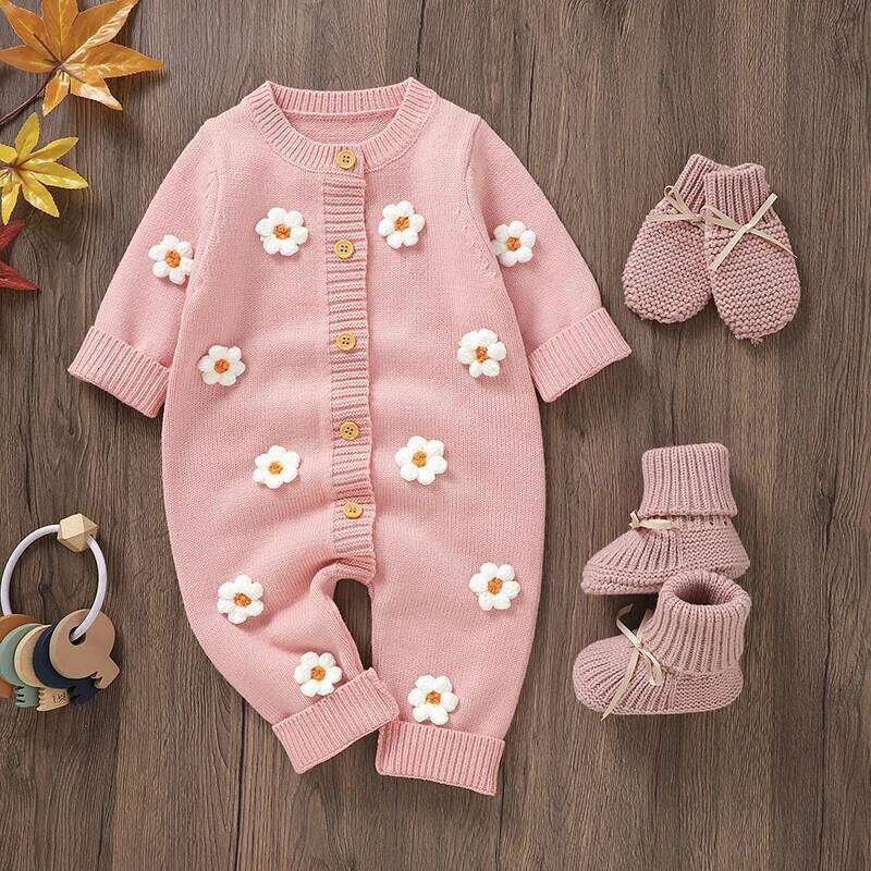 Citgeett Spring Infant Baby Girls Knit Romper Long Sleeve Button Flower Fall Jumpsuit Sweater Pink Clothes Z260304
