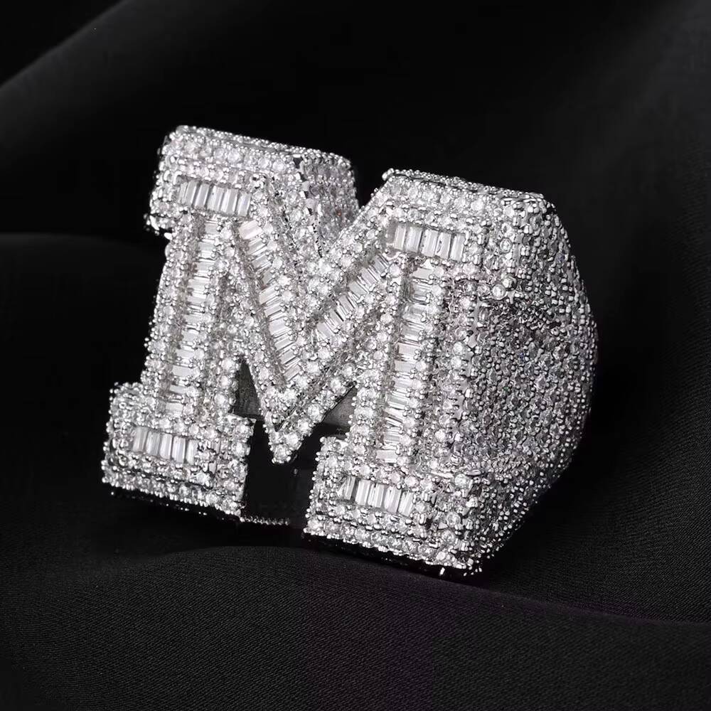 Iced Out Hiphop M Letter Micro Pave Baguette White MoissaniteVVS Gold Plated Ring Fine Jewelry for Men