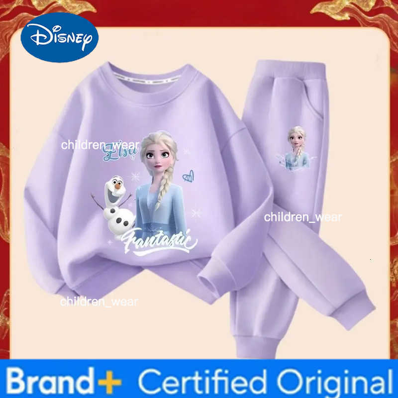 Disney Frozen Elsa Princess Girls Fashion Cartoon Printed Tracksuits Spring Kids Long Sleeve Sports Two-piece Suit Sweatshirt H260305