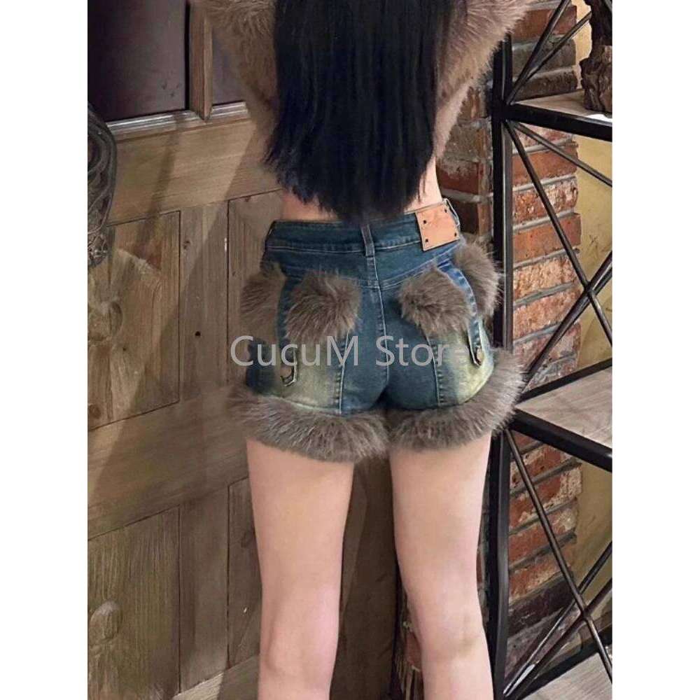 American Washed Fluffy Rivet Jeans Shorts for Women Autumn Winter New Denim Y2k E-Girl High Waist Hot Short Pants XJ260305