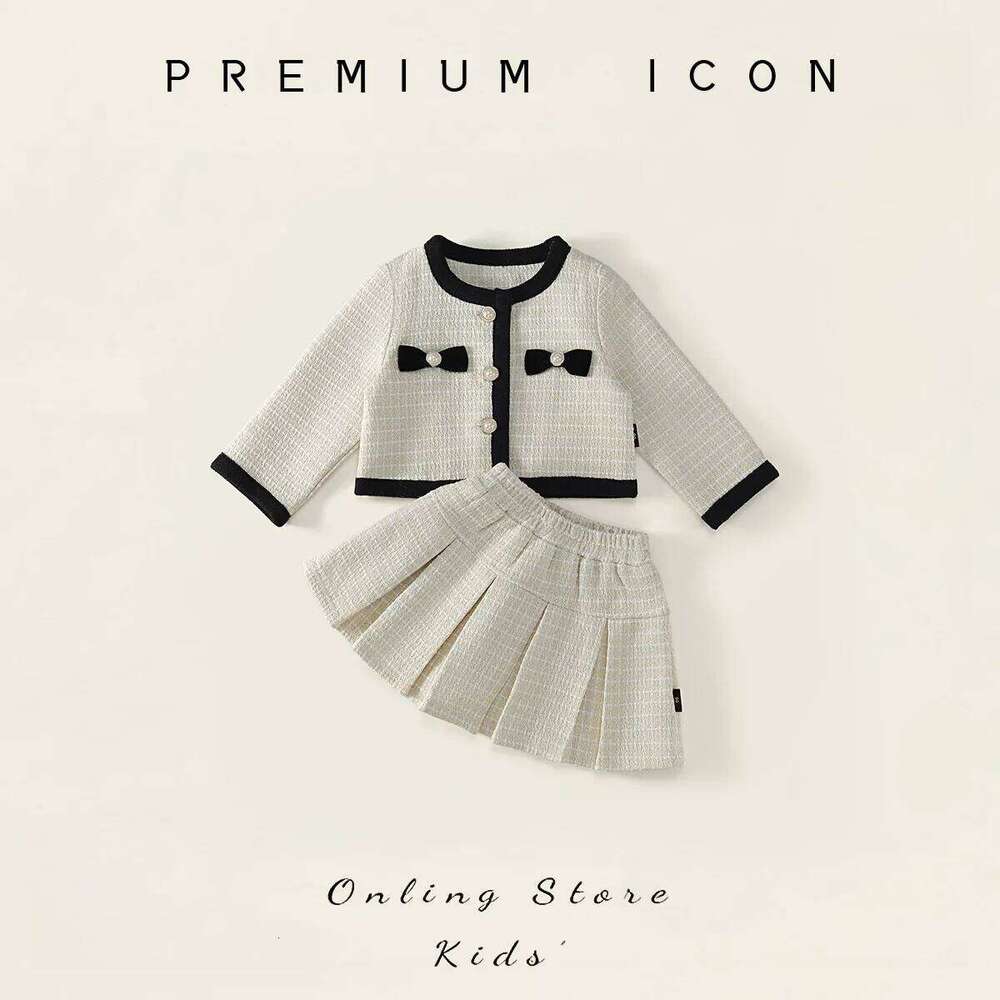 Autumn 2-8Yrs Two-piece Clothes Set Round Collar Children Outerwear Suits Infant Babys Girls Pleated Skirts Outfits Z260304