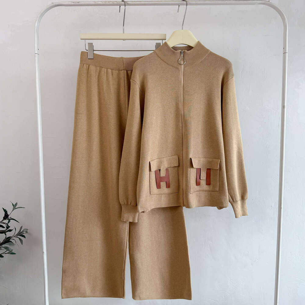 Women's Fashionable Knitted Zipper Cardigan Wide Leg Pants Pocket Two Piece Set Cross-Border New Style Versatile Ensemble Asia Size