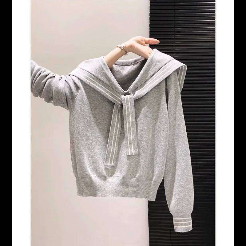 Navy Collar 2025 Autumn Women's New Spliced pullover Knitted Sweater Versatile Design Fashionable Long-sleeved Top XJ260305