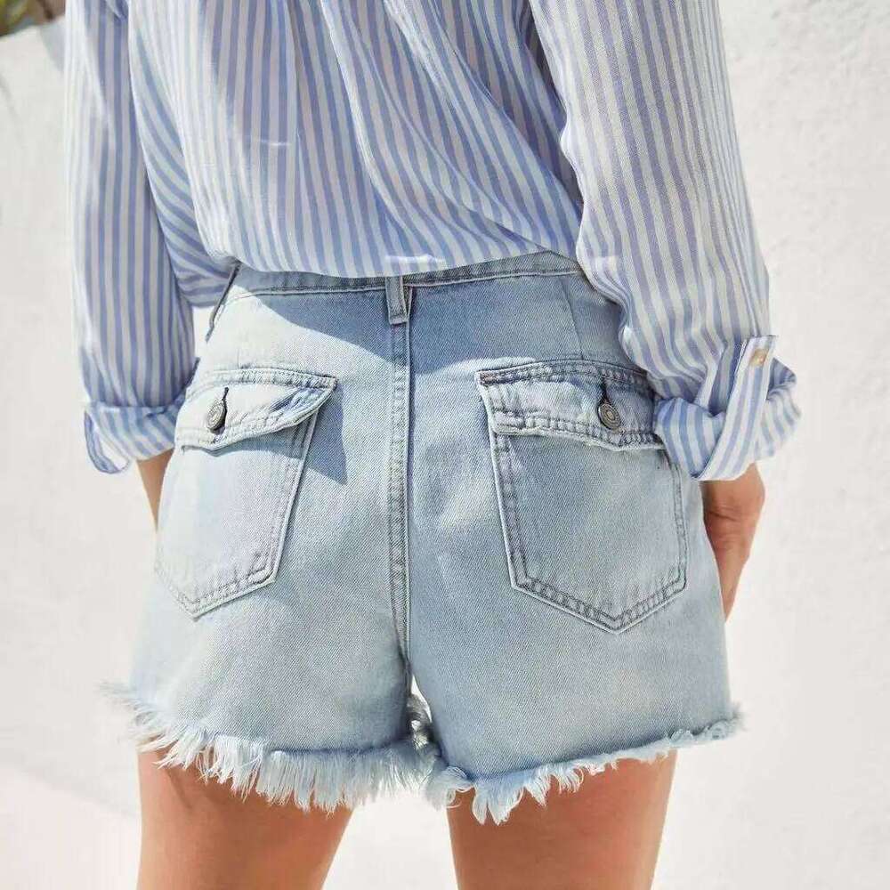 European and American High-waisted Casual Pocket Denim Shorts, Women's New Summer Fashionable Design Sense Stitching Short Jeans XJ260305