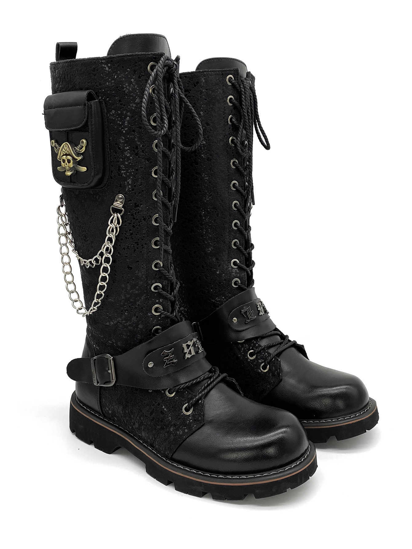 Men Knee Boots High Quality Fashion Motorcycle Boots Vintage Knight Boot Luxury Designer Shoes Black With Chain Decoration G02