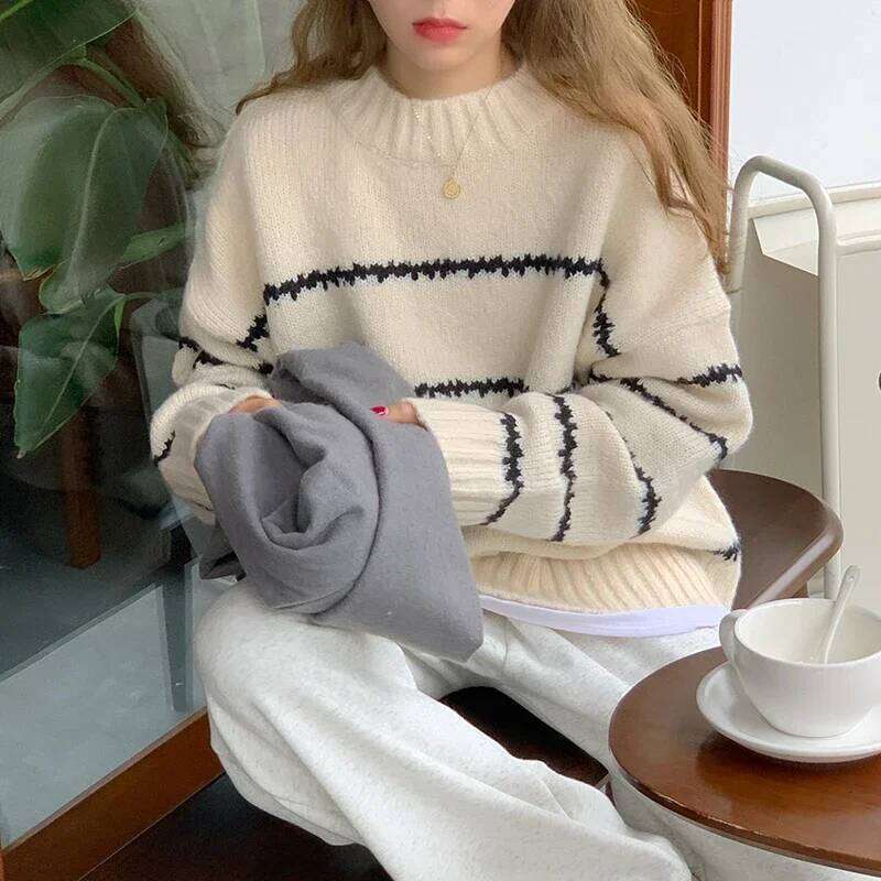 Autumn Winter Stiped Pullover Women Knitted Shirts Long Sleeve Loose Mock Neck Outwear Casual Sweater Tops Knitwear XJ260305