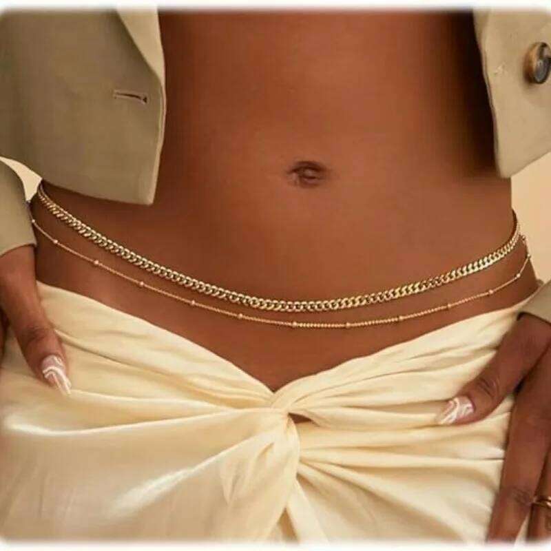 Waterproof Waist Chains for Women 14K Gold Plated STAINLESS STEEL Layered Cuban Pearl Satellite Beads Belly Belt Body Jewelry S260304 2fe f02