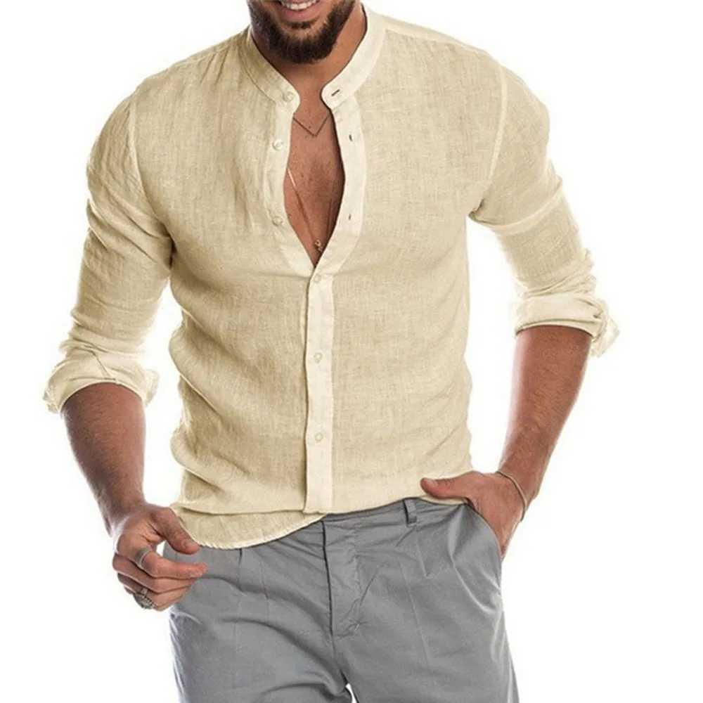 Men Cotton Linen Blouse Summer O-Neck Long Sleeve Loose Button Solid Male Shirt Blouse BSD-ZT170 M260305