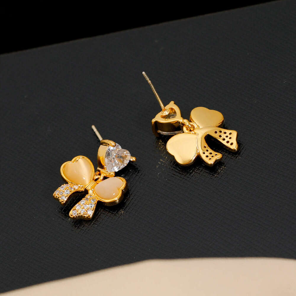 Exquisite And Luxurious Ultra-shiny Heart-shaped Zircon Cat's Eye Stone Bowknot Earrings For Women