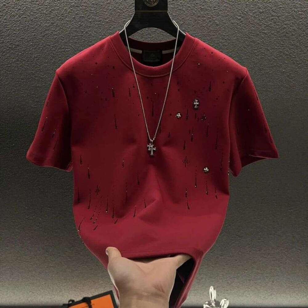 Men's T-Shirt, Brand, Short-Sleeved, Star-Patterned, Round-Neck, Cross-Print, Slim-Fit, Youth Fashion, Casual, Trendy Short-Sleeve
