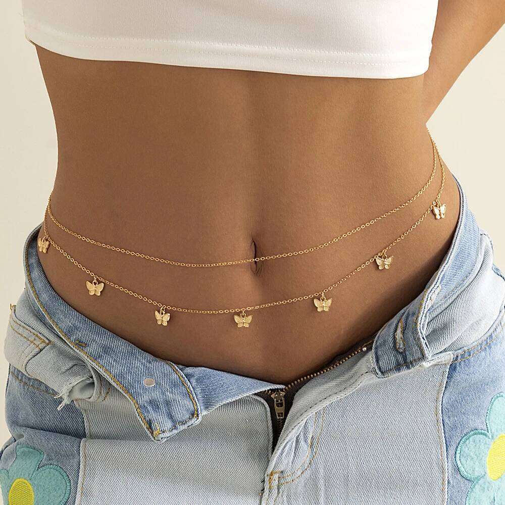 Retro Butterfly Pendant Belt With Body Chain, Suitable For Women's Fashionable Belly Dance Clothing S260304