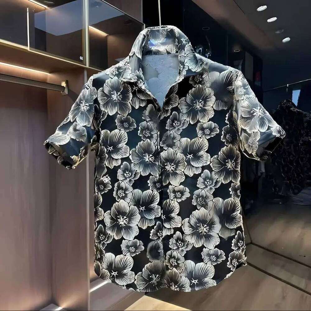 Men's Ethnic Embossed Gold Floral Short Sleeve Shirt & Shorts 2 Piece Set Summer Casual Ethnic Style Embossed Gold Flower Short Sleeve Shirt And 