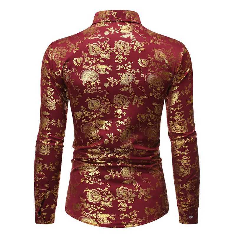 New Men Gold Stamp Printed Loose Shirt Black / White / Wine Red Fashion Male Business Social Casual Lapel Tops M260305