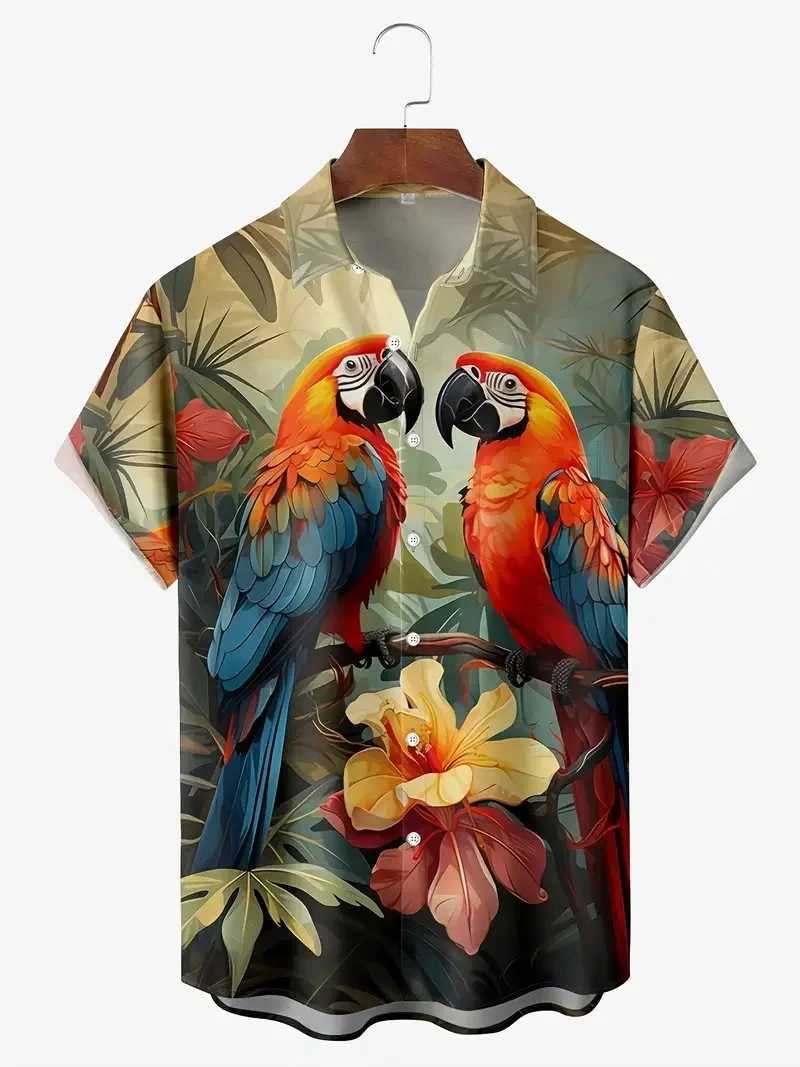 Mens Vibrant Parrot Tropical Floral Print Hawaii Shirts Casual Short Sleeve Button Up Beach Shirt for Men Summer Vacations M260305