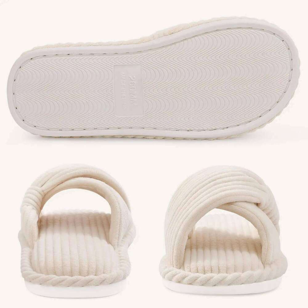 Kidmi Corduroy Women Indoor Open Toe House Shoes Memory Foam Slides With Adjustable Bow Strap Spring New Lady Slippers