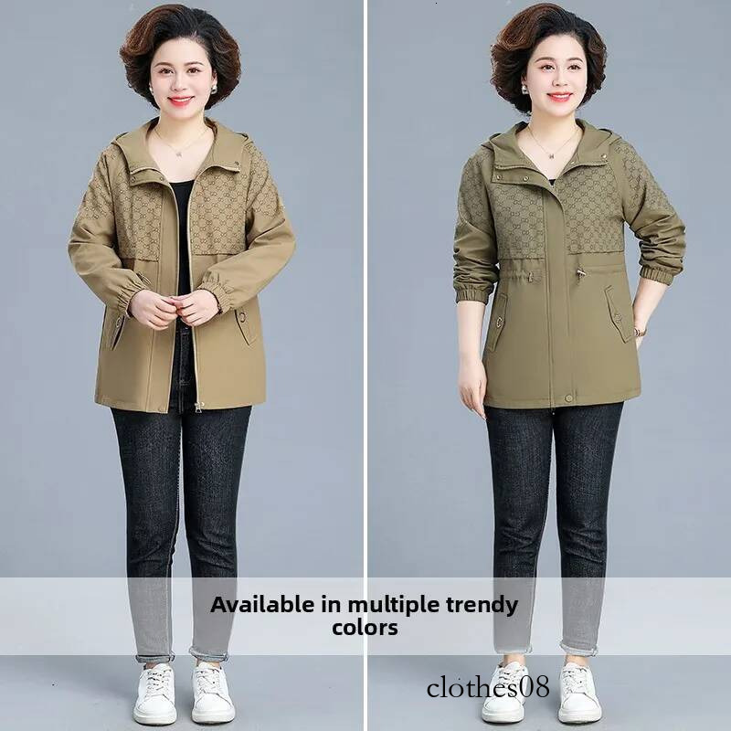 Faionable Spring Autumn Women's Jaet Middle-Aged Mom Ele Lady Upper Body Loose Fit Polyester Zipper Hooded Coat
