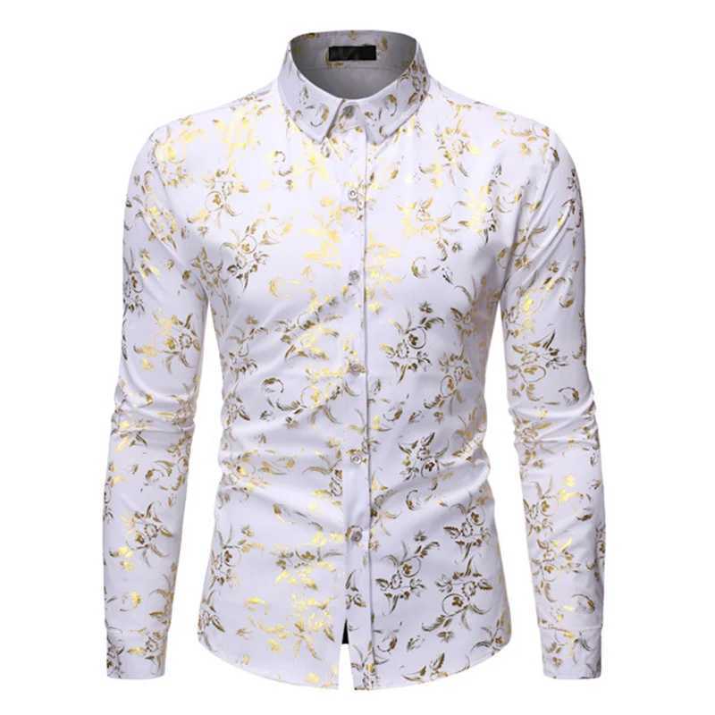 Long Sleeve Hawaiian Shirts Golden Floral Shirts Men Fashion Shirt Casual Beach Blouse Bussiness Camisa Mens Clothing Button Up M260305