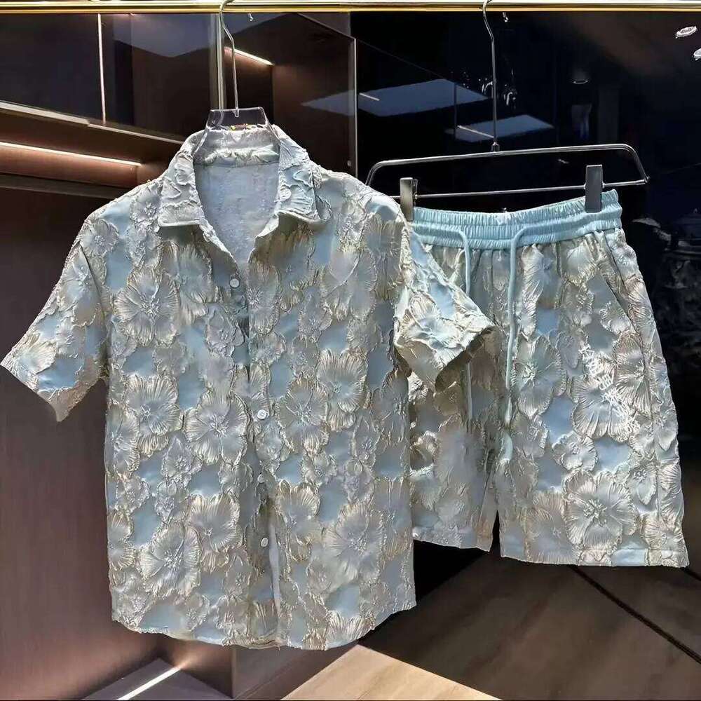 Men's Ethnic Embossed Gold Floral Short Sleeve Shirt & Shorts 2 Piece Set Summer Casual Ethnic Style Embossed Gold Flower Short Sleeve Shirt And 