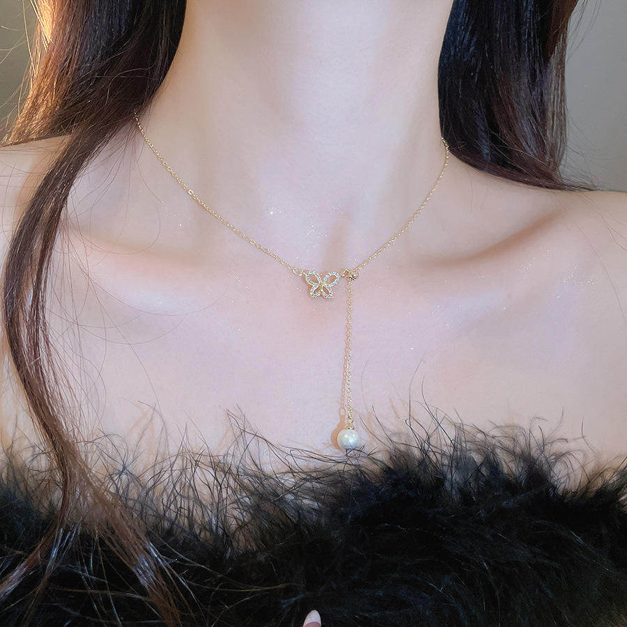 s925 sterling silver butterfly for women, full-diamond elegant best friend pendant, niche forest style shell bead collarbone chain necklace - view 3