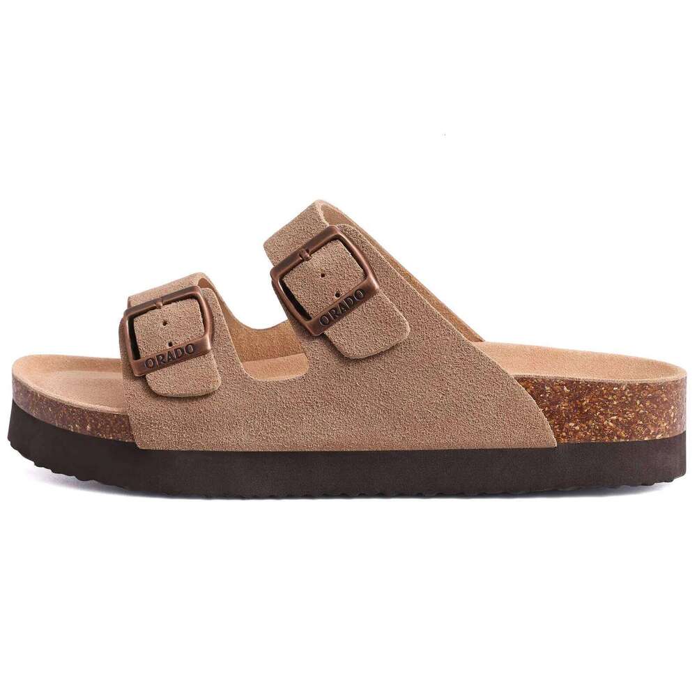 Kidmi New Double Buckle Cork Suede Men Slippers Outdoor Beach Slide Casual Soft Nonslip Sandals