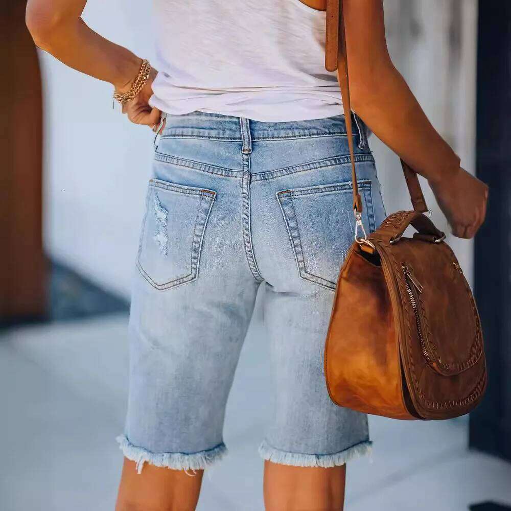 Commuting Mid-length Straight Leg Jeans. New Summer Fashion Washed Ripped Casual Tassel Design Mid-waist Short Jeans for Women XJ260305