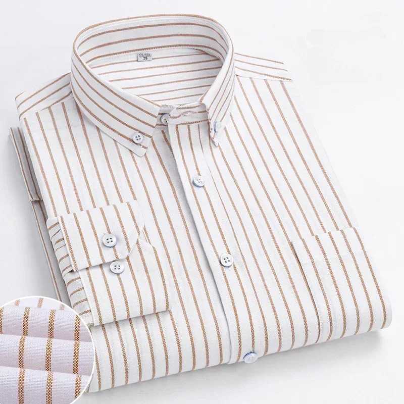 Spring and Autumn Mens Pure Cotton Long sleeved Shirts for Middle and Youth Leisure All Cotton Oxford Plaid Plus Size Shirts M260305