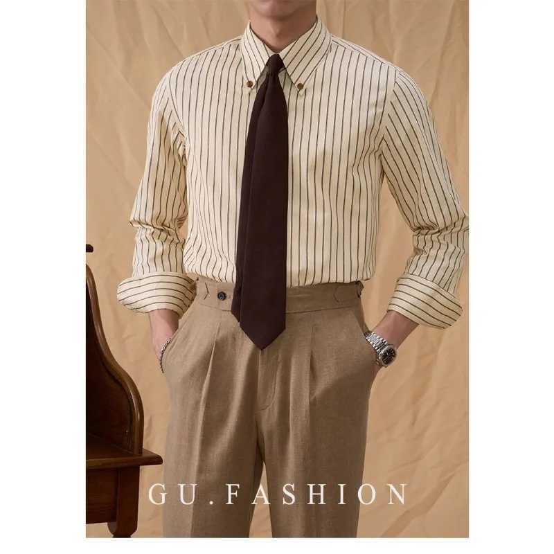 Retro British Striped Long-sLeeved Casual Corduroy Shirt Autumn Mens Business Slim Cardigan M260305