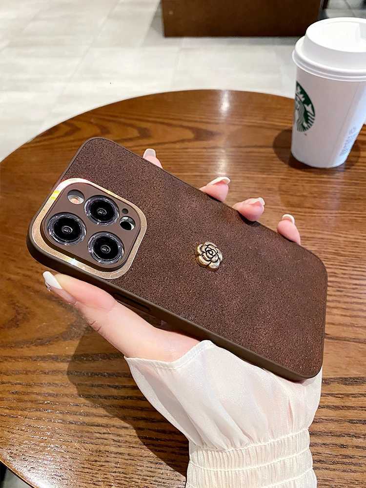 Luxury Suede Leather Metal Camellia Phone Case For iPhone 16 15 14 13 12 11 Pro Max X XS XR 16 Plus | Premium Fashion CoverT260305