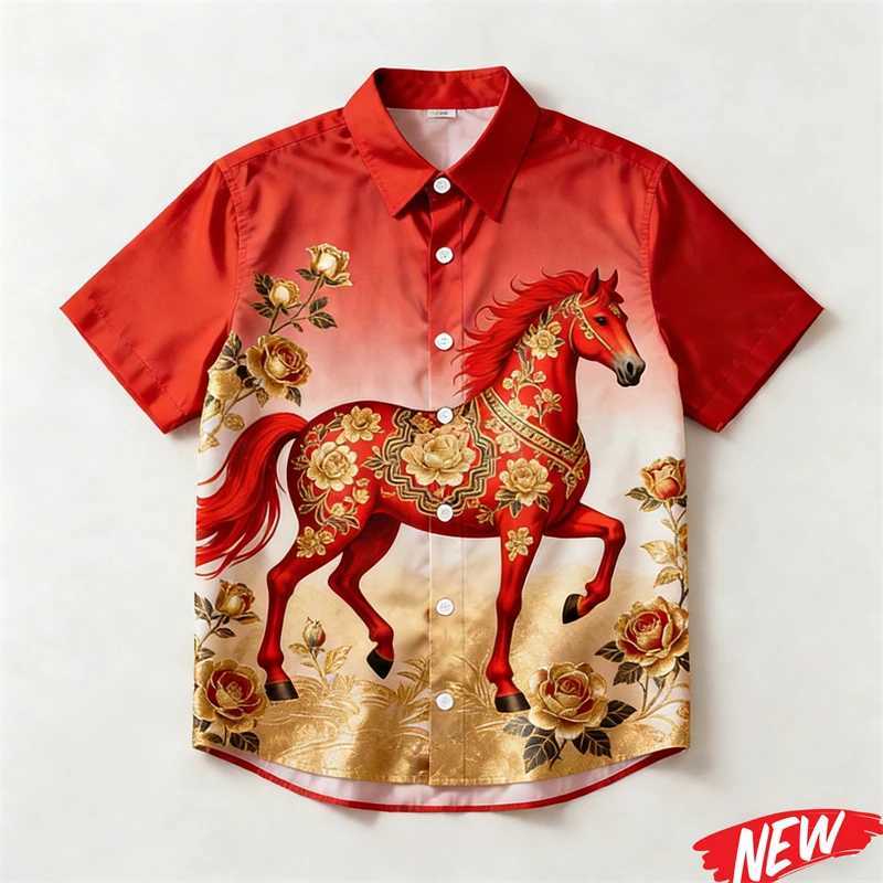 New Design 2026 Horse Year Hawaiian Shirt For Men Women Chinese New Year Party Short Sleeve Shirts Festive Loose Lapel Shirt M260305