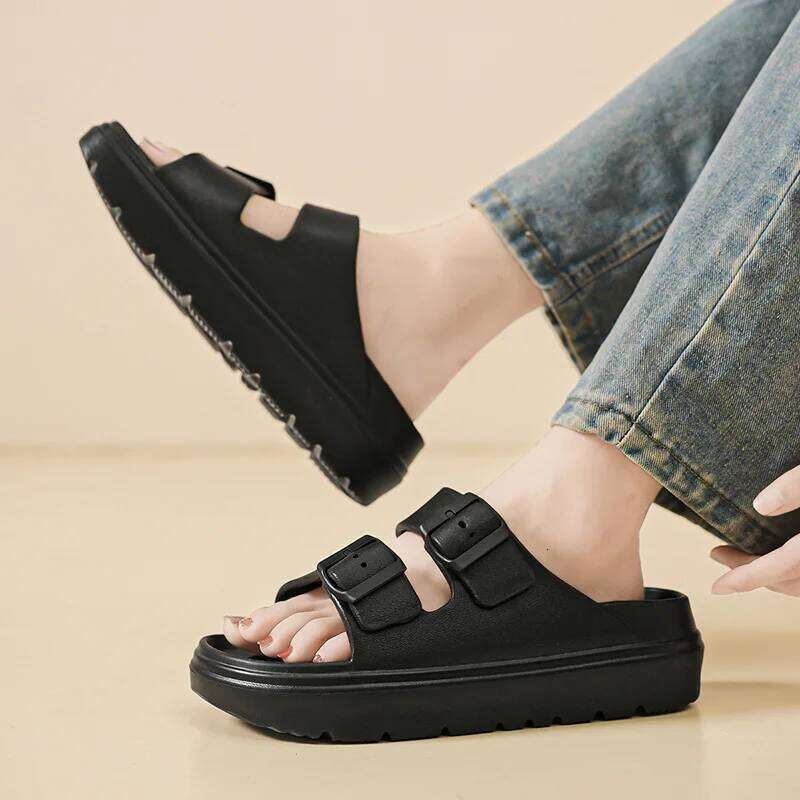 Kidmi Fashion Women Summer Beach EVA Flat Sandals Double Buckle Adjustable Slides Nonslip Casual Home Slippers