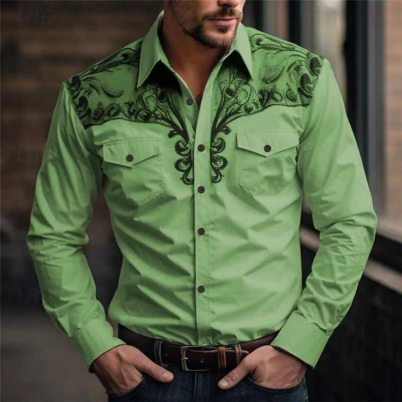 New Mens Long Sleeve Shirt 3D Vintage Print Casual Fashion Western Style Cowboy Style Mens Flap-Collar Shirt M260305