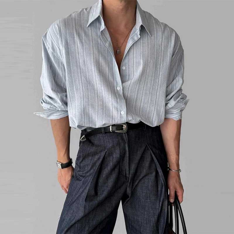 Mens Clothing Light Texture Striped Shirts Streetwear Business Leisure Solid Color Long Sleeve Korean Popular Clothes M260305