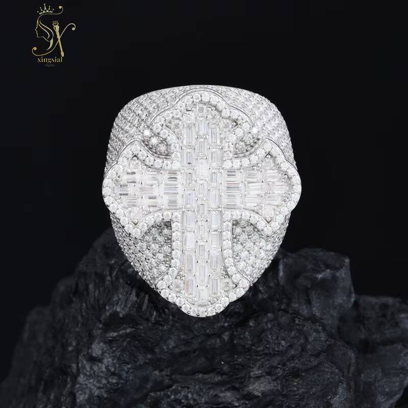 Xingsial Luxury Pass Diamond Tester VVS D Color Moissanite Iced Out Hip Hop Cross Ring 925 Sterling Silver Diamond Cluster Ring