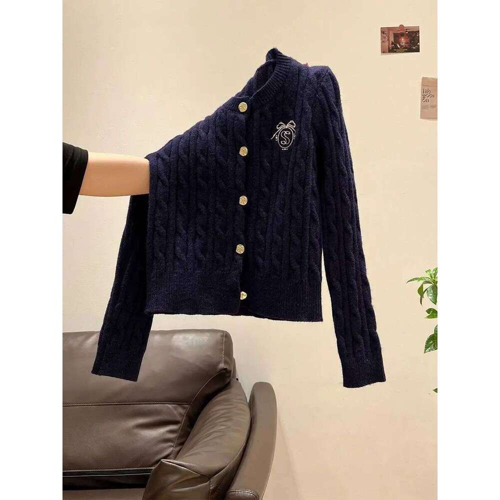 Twist Knitting Grey Embroidered Preppy-style Sweater Jacket for Women's Autumn Winter Korean Knitted Cardigan Top Buttons XJ260305