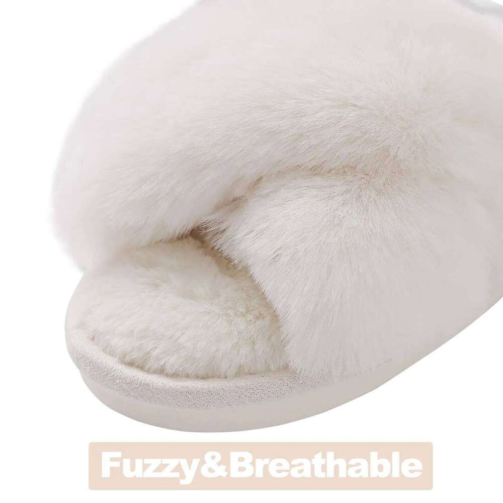 Kidmi Women's Fuzzy Cross Band Memory Foam House Open Toe Flat Casual Indoor Soft Slippers Female