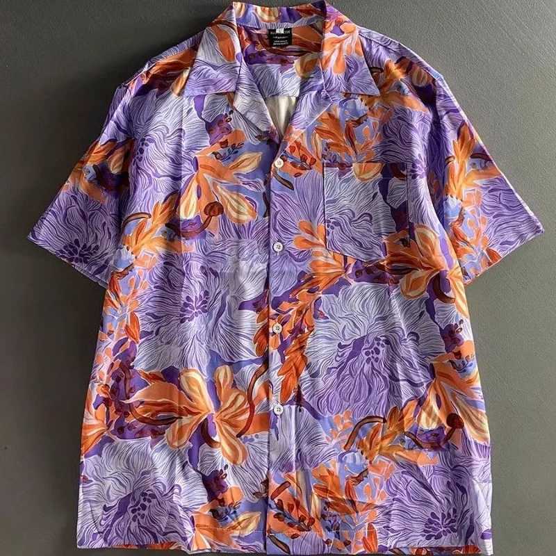 Mens Orange Floral Print Short SLeeve Camp Collar Oversized Casual HAWaiian Shirt M260305