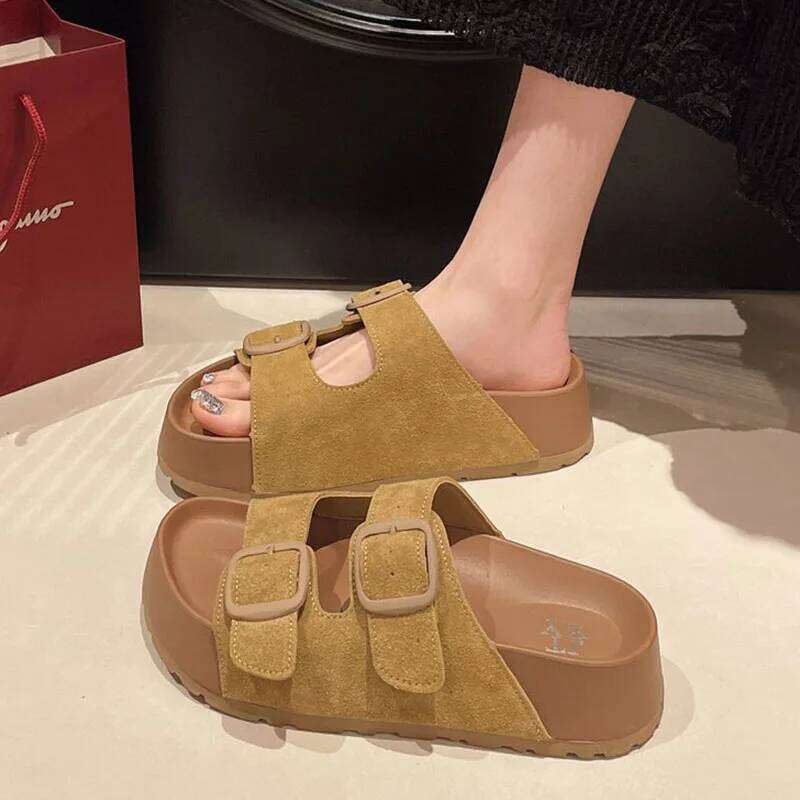 Kidmi Fashion Retro Trend Beach Round-headed Shoes Summer New Casual With Buckle Women Slippers